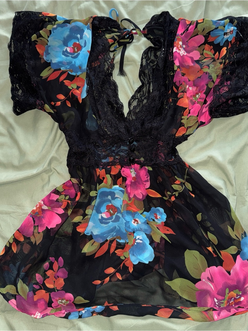 Forever 21 Black Floral Lace-Trim Chemise with Pink & Blue Flowers